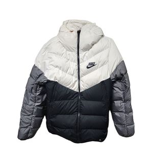 Nike Gray/White/Black Down Puffer Jacket with Attached Hood Front Zip Sz Small
